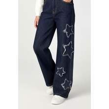 Magu Kız Çocuk Pamuklu Lacivert Yıldız Aplikeli Denim Pantolon