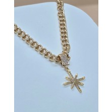 Gold Kalın Zirkon Taşlı Kar Tanesi Detaylı Kolye