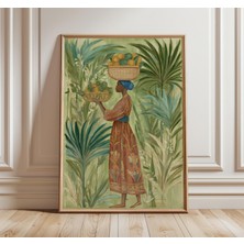 Ninastore Meyve Sepetli Afrikalı Kadın Posteri, Tropikal Orman Duvar Sanatı, Yeşil ve Altın Renklerde Etnik Bo