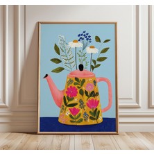 Ninastore Çiçekli Çaydanlık Duvar Sanatı, Neşeli Botanik Mutfak Baskısı, Mavi Arka Planlı, Parlak Kır Evi Tarz