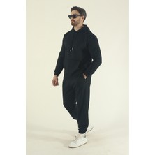 EYDAMOON Erkek Kışlık Pamuklu Eşofman Takımı Kanguru Cep Sweatshirt Jogger - Siyah Regular Lastikli Paça