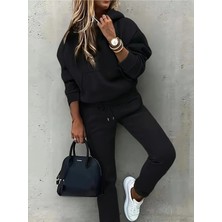 EYDAMOON Kadın Siyah Kapüşonlu 3 Iplik Kışlık Içi Yünlü Eşofman Takımı