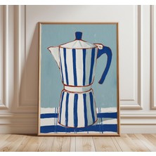 Ninastore Mavi ve Beyaz Moka Pot Posteri, Modern Akdeniz Kahve Sanatı, Minimalist Mutfak Duvar Dekoru, Çizgili