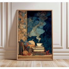 Ninastore Karanlık Akademi Sonbahar Kitapları ve Kahve Duvar Sanatı Vintage Balkabağı Baskısı Rahat Okuma Köşe