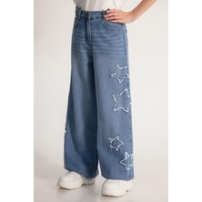 Magu Kız Çocuk Pamuklu Mavi Yıldız Aplikeli Denim Pantolon