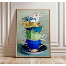 Ninastore Vintage Çay Fincanı Suluboya Baskı | Mutfak Duvar Sanatı | Zarif Çay Saati Posteri | Kır Evi Tarzı E