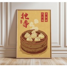 Ninastore Çin Mantısı Sanat Baskısı | Xiao Long Bao Mutfak Posteri | Vintage Dim Sum Illüstrasyonu | Sıcak Asy