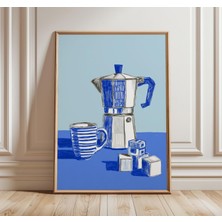 Ninastore Mavi Moka Pot Posteri Minimalist Çizgi Sanatı Kahve Baskısı Modern Mutfak Duvar Sanatı Iskandinav Ev