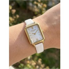 Lee Cooper Zarif Tasarım Kadın Kol Saati | 20MM Dikdörtgen Altın Renk Kasa, Beyaz Deri Kordon