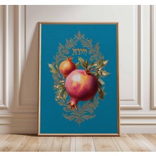 Ninastore Nar Duvar Sanatı Baskısı, Vintage Botanik Meyve Posteri, Akdeniz Mutfak Dekorasyonu, Mavi Altın Renk