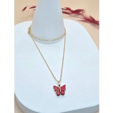 Kelebek Figürlü Kırmızı Akrilik Taş Kolye
