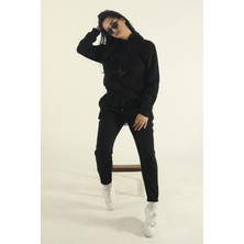 EYDAMOON Kadın Siyah Kışlık Pamuklu Puf Kumaş Kanguru Cepli Kapüşonlu Jogger Eşofman Takımı