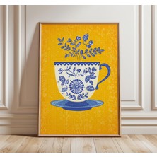 Ninastore Mavi Çiçekli Çay Fincanı Posteri, Modern Halk Sanatı Mutfak Baskısı, Sarı ve Mavi Duvar Sanatı, Iska