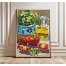 Ninastore Akdeniz Mutfağı Sanat Baskısı | Domates Fesleğen Zeytinyağı Posteri | Natürmort Yağlı Boya Tarzı Duv