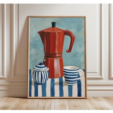 Ninastore Kırmızı Moka Pot Posteri Sahil Mutfağı Duvar Sanatı Mavi ve Beyaz Çizgili Kahve Baskısı Modern Akden