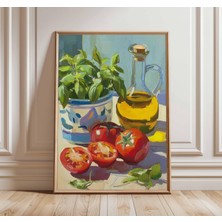 Ninastore Akdeniz Mutfağı Sanat Baskısı | Domates Fesleğen Zeytinyağı Posteri | Natürmort Yağlı Boya Tarzı Duv