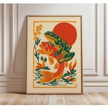 Ninastore Kurbağa ve Koi Balığı Posteri Japon Sanat Baskısı Botanik Duvar Sanatı Neşeli Hayvan Illüstrasyonu T