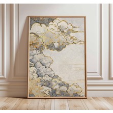 Ninastore Japon Bulut Posteri Altın ve Gri Sanat Baskısı Geleneksel Ahşap Baskı Tarzı Minimalist Gökyüzü Duvar