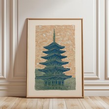 Ninastore Japon Pagoda Posteri Mavi Ahşap Baskı Tapınak Dağ Manzarası Sanatı