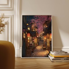 Ninastore Kyoto'da Japon Fener Yolu Gece Manzarası Posteri Kiraz Çiçeği Yolu Sanatı