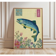 Ninastore Japon Somon Balığı Baskısı Retro Sahil Duvar Sanatı Vintage Asya Posteri Orta Çağ Doğa Dekorasyonu M