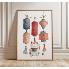 Ninastore Çin Fenerleri Duvar Sanatı Şans Kedisi Suluboya Baskı Asya Festivali Posteri Oryantal Ev Dekorasyonu