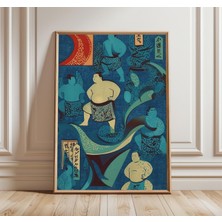 Ninastore Sumo Güreşçileri Japon Sanat Baskısı Çivit Mavisi Tekstil Poster Geleneksel Ukiyo-E Tarzı Duvar Sana