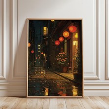 Ninastore Kyoto'da Japon Fener Yolu Gece Manzarası Posteri Kiraz Çiçeği Yolu Sanatı
