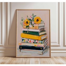 Ninastore Kitap Severler Için Duvar Sanatı | Modern Natürmort Poster | Çiçekli Kitap Yığını Baskısı | Rahatlat