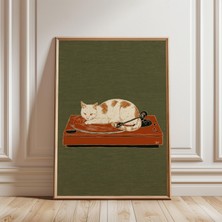 Ninastore Döner Tabla Üzerinde Kedi Baskılı Retro Illüstrasyon, Yeşil ve Turuncu Tonlarında