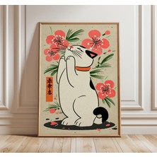 Ninastore Japon Şans Kedisi Maneki Neko Duvar Sanatı Posteri, Kiraz Çiçekleriyle Geleneksel Zen Tarzı Baskı, S