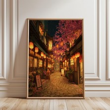 Ninastore Kyoto'da Japon Fener Yolu Gece Manzarası Posteri Kiraz Çiçeği Yolu Sanatı