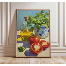 Ninastore Akdeniz Mutfağı Sanat Baskısı | Domates Fesleğen Zeytinyağı Posteri | Natürmort Yağlı Boya Tarzı Duv