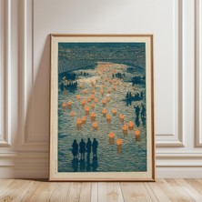 Ninastore Japon Fener Nehri Posteri, Ahşap Baskı Tarzı, Turkuaz ve Turuncu Renklerde