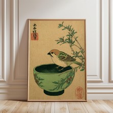 Ninastore Yeşil Kase Üzerindeki Serçe Posteri Japon Mürekkep Çizim Baskısı