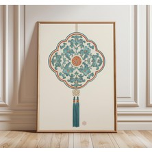 Ninastore Çin Işlemeli Muska Sanat Baskısı Oryantal Püsküllü Duvar Sanatı Turkuaz ve Altın Sembolik Tasarım Ge