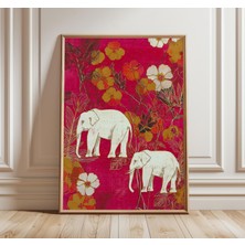 Ninastore Hint Fili Çiçek Desenli Bohem Duvar Sanatı Pembe ve Altın Oryantal Poster Egzotik Doğa Dekorasyonu K