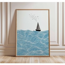 Ninastore Yelkenli Duvar Sanatı | Okyanus Dalgaları Baskısı | Deniz Temalı Kıyı Posteri | Minimalist Deniz San