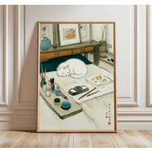 Ninastore Japon Kedisi Sanat Baskısı Suluboya Duvar Sanatı Sakin Stüdyo Sahnesi Posteri Asya Minimalist Tablo