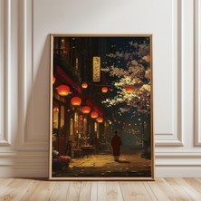 Ninastore Japon Feneri Sokak Afişi Gece Kiraz Çiçeği Baskısı Resimli Sanat Eseri