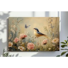 Ninastore Vintage Bahar Çiçekli Kuş Duvar Sanatı Kır Evi Tarzı Yabani Çiçek Çayırı Bej Dekor Botanik Tablo Yaz
