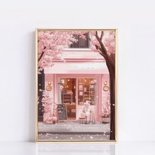 Ninastore Pembe Kafe Baskılı Kiraz Çiçeği Duvar Sanatı Posteri Kahve Posteri Pembe Duvar Sanatı Kafe Duvar San