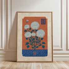 Ninastore Mavi ve Kırmızı Renklerde Japon Ahşap Baskı Tarzı Krizantem Posteri