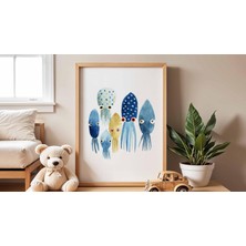 Ninastore Renkli Kalamar Bebek Odası Posteri Okyanus Hayvanları Duvar Sanatı Deniz Altı Çocuk Odası Baskısı Eğ