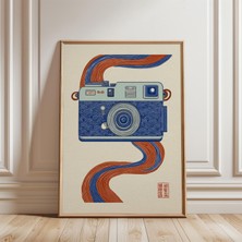 Ninastore Mavi Krem Rengi Vintage Kamera Posteri, Ahşap Baskı Tarzı, Kırmızı Çiçek Desenli.