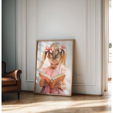 Ninastore Kitap Okuyan Küçük Kız Baskısı Pastel Kitap Köşesi Duvar Sanatı Baskısı Pembe Kız Çocuk Odası Duvar