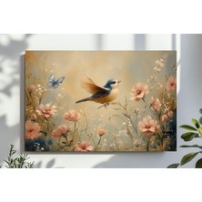 Ninastore Vintage Bahar Çiçekli Kuş Duvar Sanatı Kır Evi Tarzı Yabani Çiçek Çayırı Bej Dekor Botanik Tablo Yaz