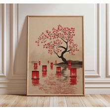 Ninastore Japon Feneri Posteri, Ahşap Baskı Tarzı Duvar Sanatı, Kırmızı Akçaağaç Yaprakları, Göl Baskısı, Vint