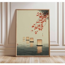 Ninastore Japon Feneri Posteri, Ahşap Baskı Tarzı Duvar Sanatı, Kırmızı Akçaağaç Yaprakları, Göl Baskısı, Vint