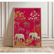Ninastore Hint Fili Çiçek Desenli Bohem Duvar Sanatı Pembe ve Altın Oryantal Poster Egzotik Doğa Dekorasyonu K